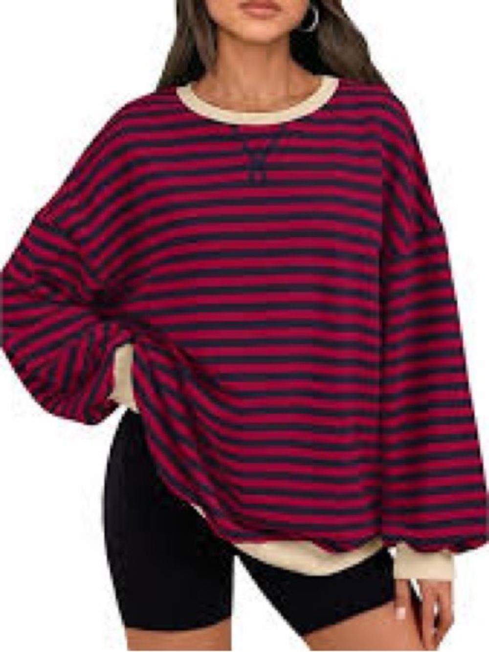 (UEU) Striped Crewneck Red and Navy with Beige Trim balloon sleeve sweatshirt M